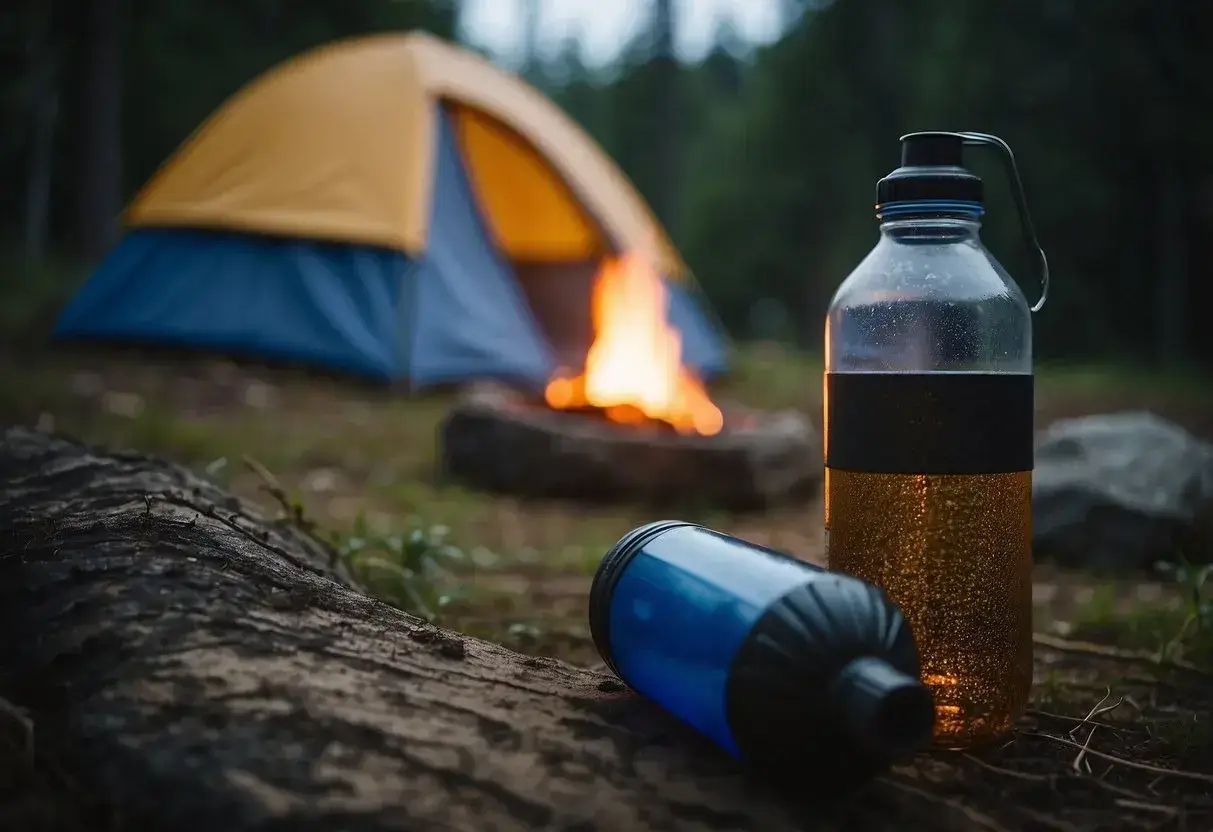 A water bottle placed next to a tent with a campfire in the background