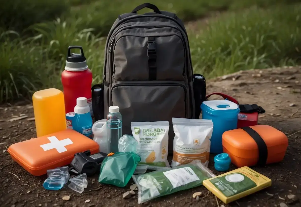 A backpack open on the ground, filled with a first aid kit, water bottles, non-perishable snacks, a flashlight, a multi-tool, a map, and a whistle
