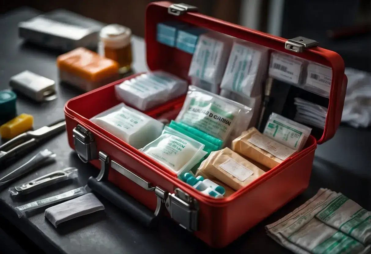 A comprehensive first-aid kit sits open, revealing bandages, gauze, antiseptic wipes, scissors, tweezers, and various medications neatly organized inside