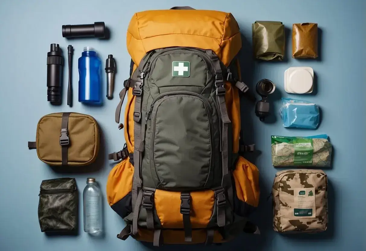 An open backpack with emergency supplies: first aid kit, water bottle, flashlight, energy bars, map, compass, and whistle
