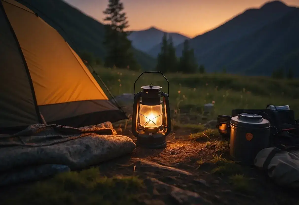 A tent glowing with lantern light, surrounded by a campfire and essential camping gear