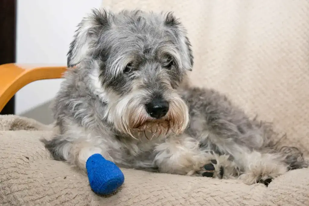 Terrier dog lying down wit a blue bandage on his foot.