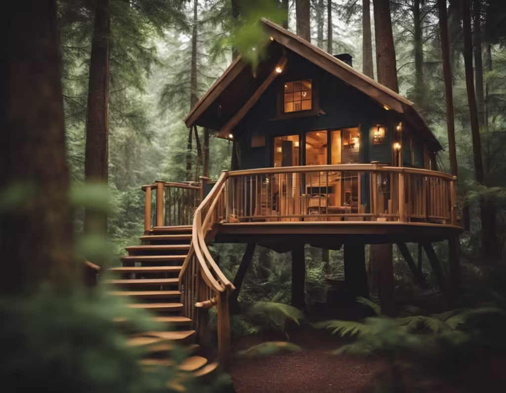 Treehouse with stairs in a lush forest.