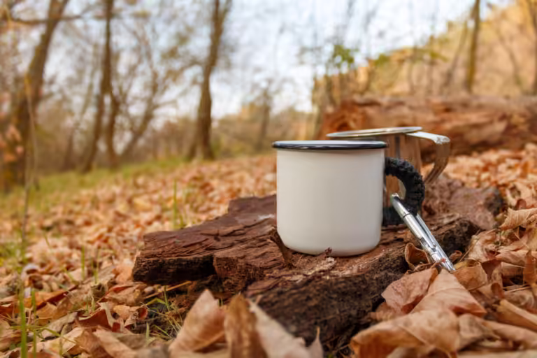Two camping mugs in autumn forest. Brown leaves on the background