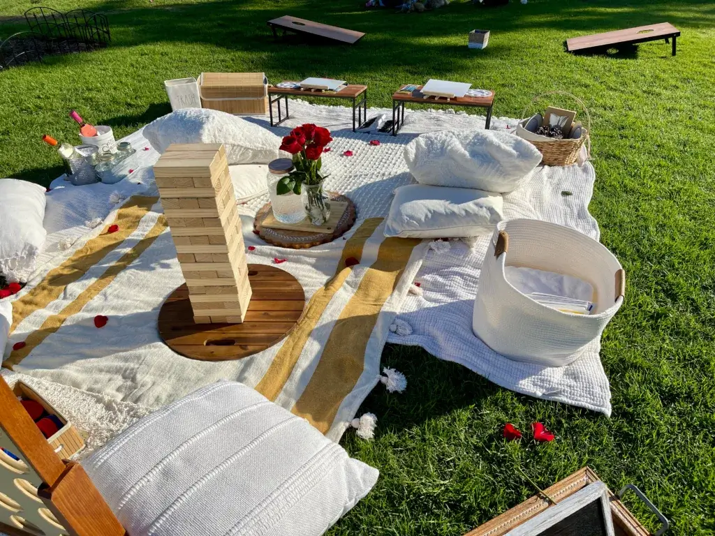 Camping games on a sheet lying on the grass.