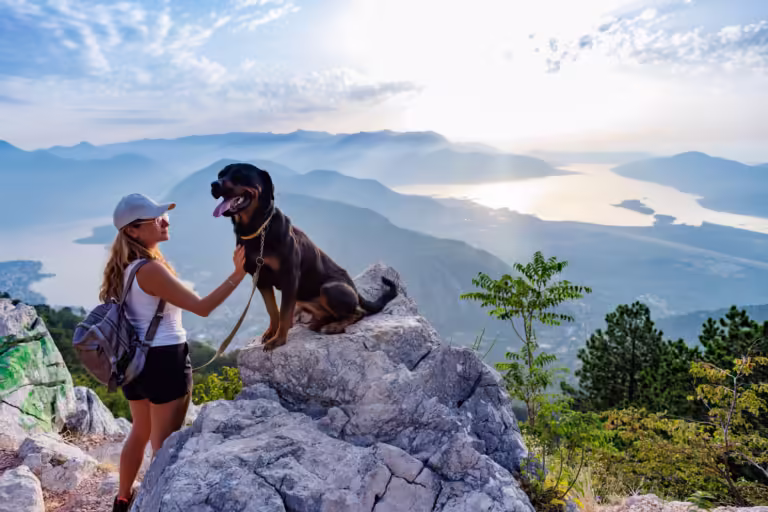 A young happy girl with a backpack stands with her faithful dog Rottweiler on top of a high Montenegrin mountain against the backdrop of coastal cities, the Adriatic Sea and a bright sunny sky