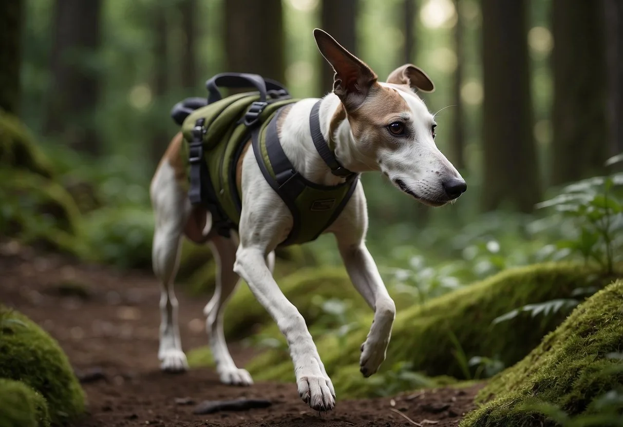 A whippet dog trekking up a rocky trail, surrounded by lush greenery and towering trees, with a backpack strapped to its back