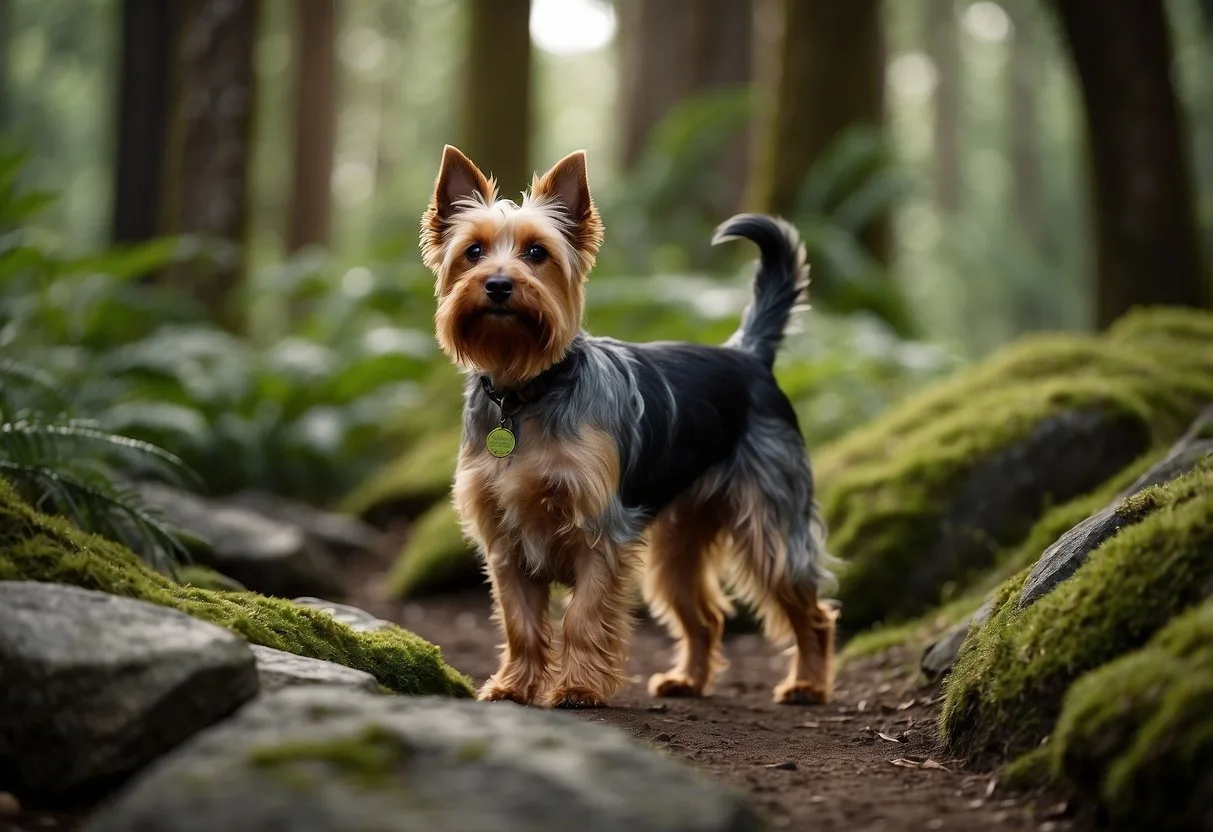 An Australian Terrier stands proudly on a rocky trail, surrounded by lush greenery and towering trees. Its alert ears perk up as it takes in the sights and scents of the great outdoors, ready for a day of hiking