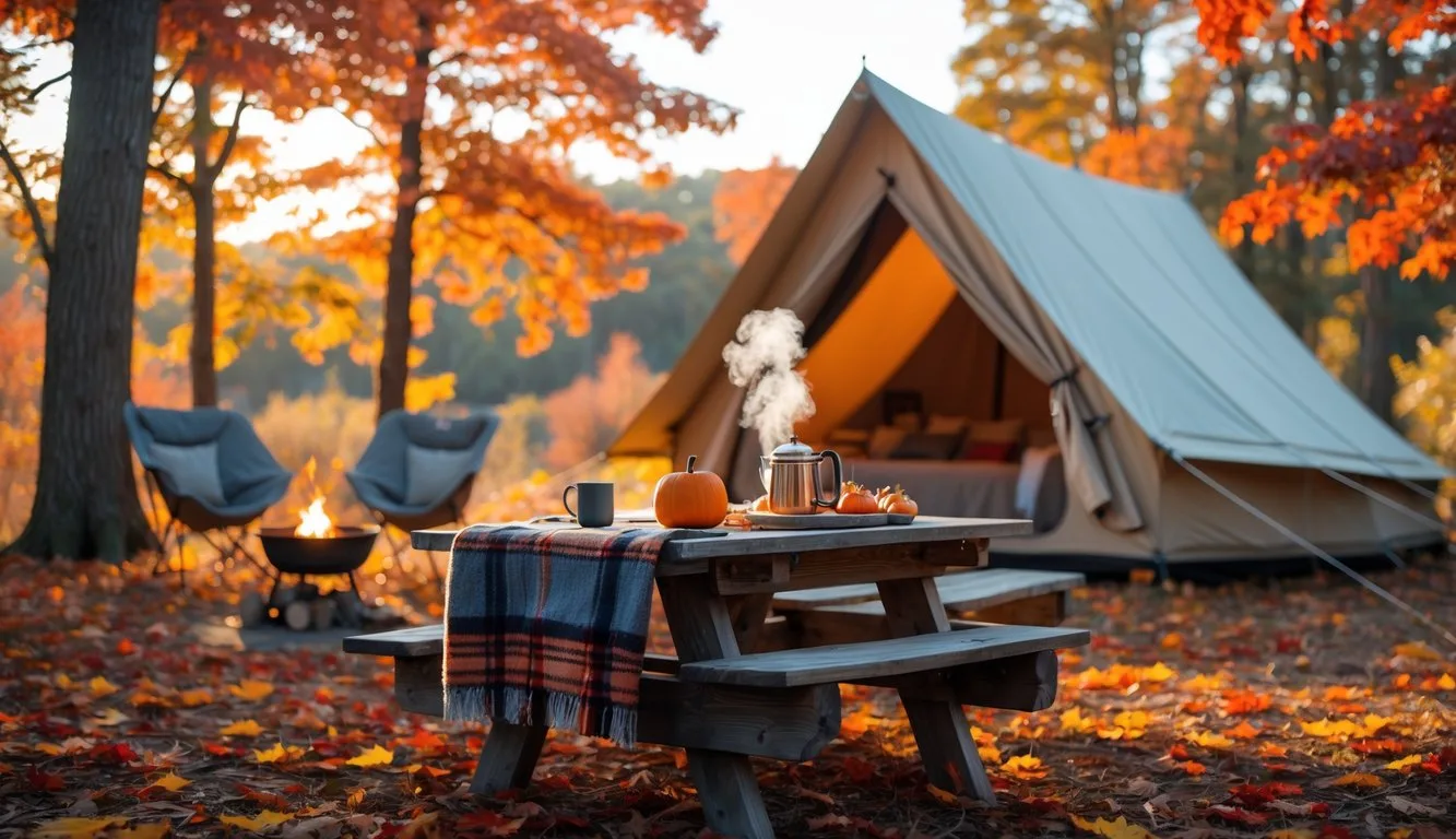 A cozy canvas tent set among colorful autumn trees with a picnic table, campfire, and warm sunlight in a forest.