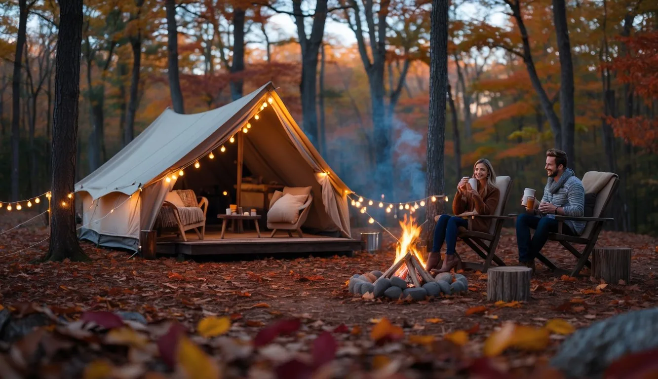 A cozy fall glamping setup with a canvas tent, campfire, and people enjoying autumn forest activities surrounded by colorful leaves.