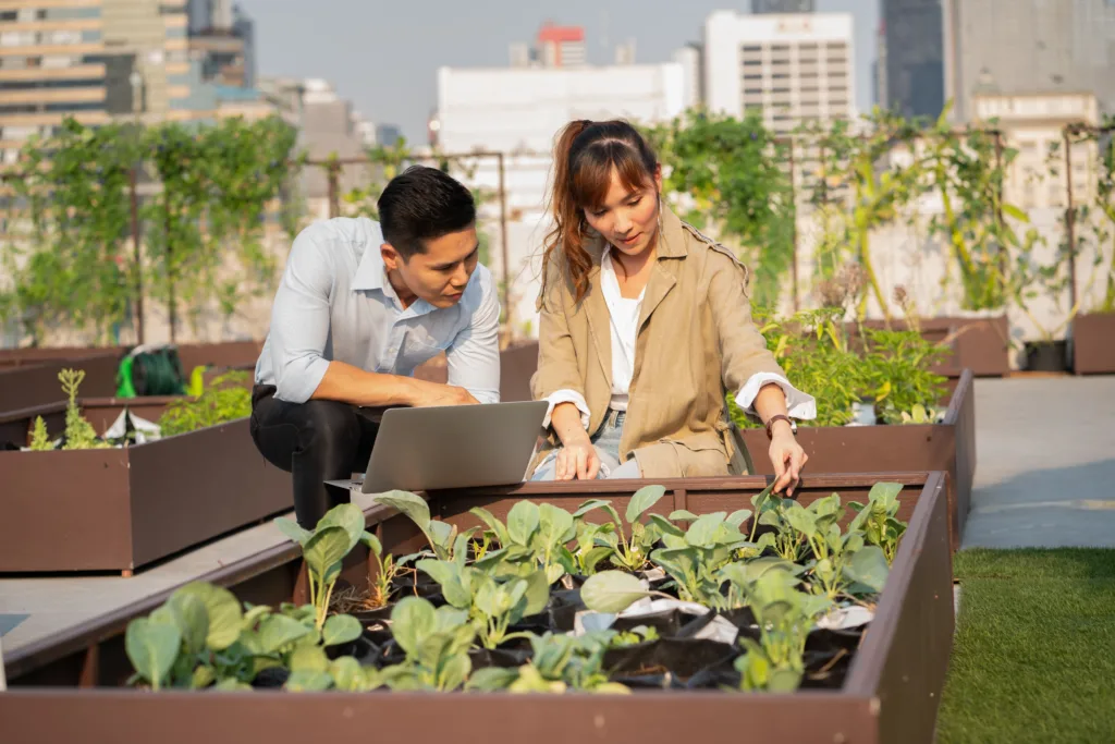 A man and woman tending to a rooftop community garden with skyscrapers in the background.