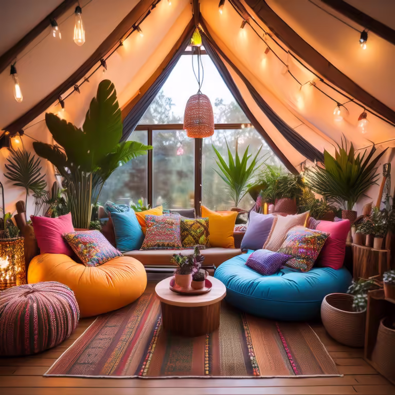 Glamping bell tent with boho interior, plants, fairy lights, inflatable furniture and colorful textiles.