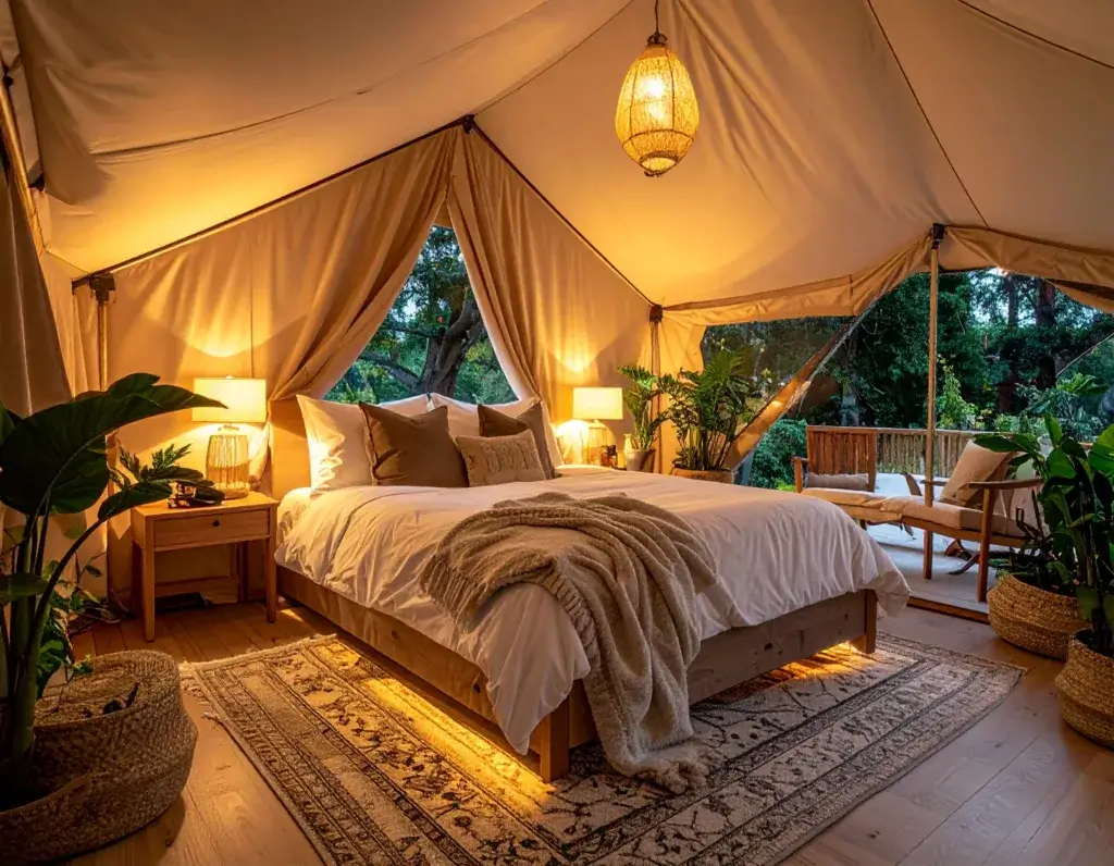 A-cozy-glamping-tent-interior-with-a-plush-bed-soft-throw-pillows-warm-lighting
