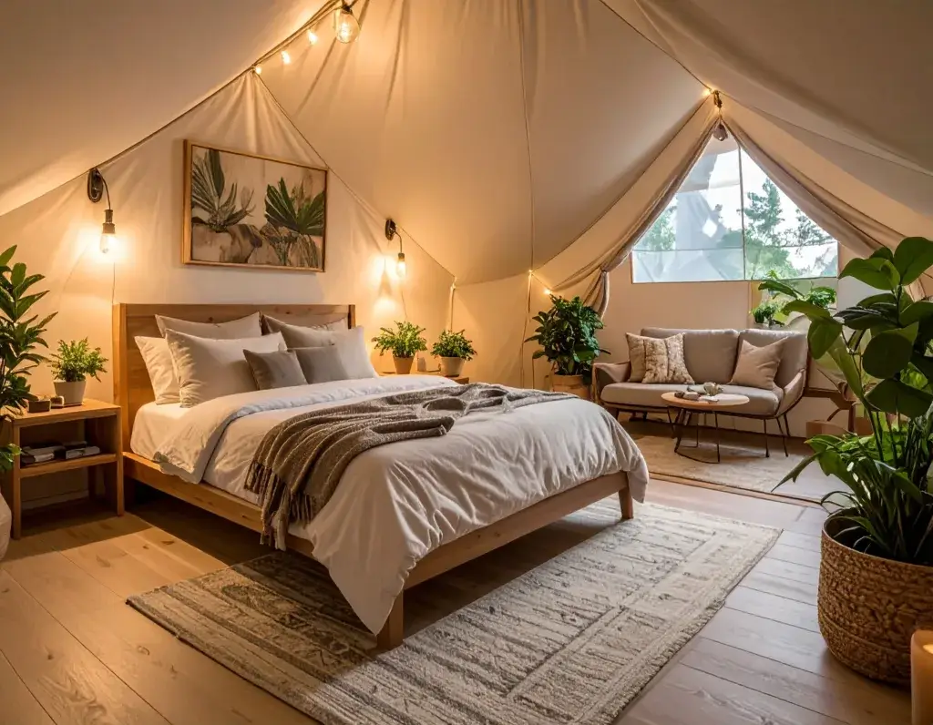 A-cozy-glamping-tent-interior-with-a-plush-bed-soft-throw-pillows-warm-lighting