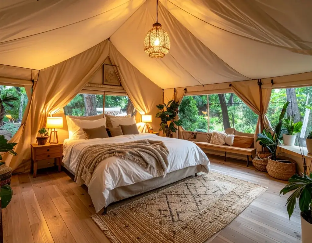 A-cozy-glamping-tent-interior-with-a-plush-bed-soft-throw-pillows-warm-lighting