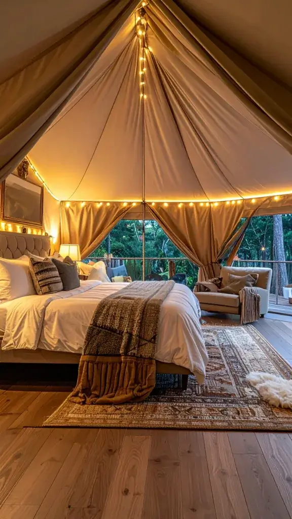 A-cozy-glamping-tent-interior-with-plush-bedding-soft-seating-and-warm-lighting