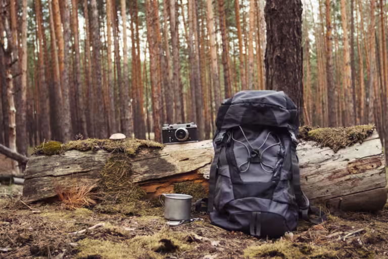 Tourist backpack, metal mug, camera in the forest. Concept of a hiking trip to the forest or mountains.
