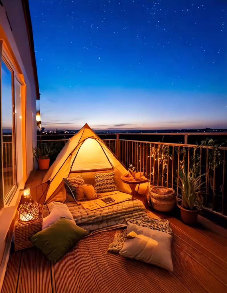 Romantic balcony camping scene - there is a tent on the balcony with plush pillows and a starry night sky.