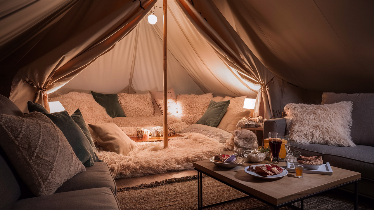 Glamping tent setup in the living room with couches, table with food and plush pillows and blankets.