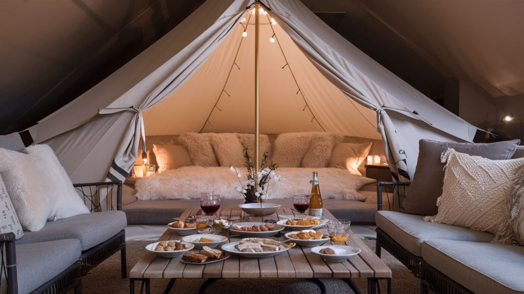 Glamping tent setup in the livign room with couches, plush pillows and a table with a spread of food.