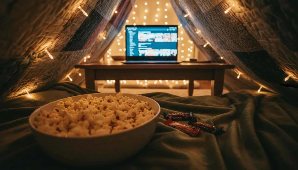 a laptop screen resting on a low coffee table. The screen shows the glowing menu of a movie streaming service. In the foreground, a large ceramic bowl of popcorn and a few scattered candy bars sit on a plush velvet blanket.