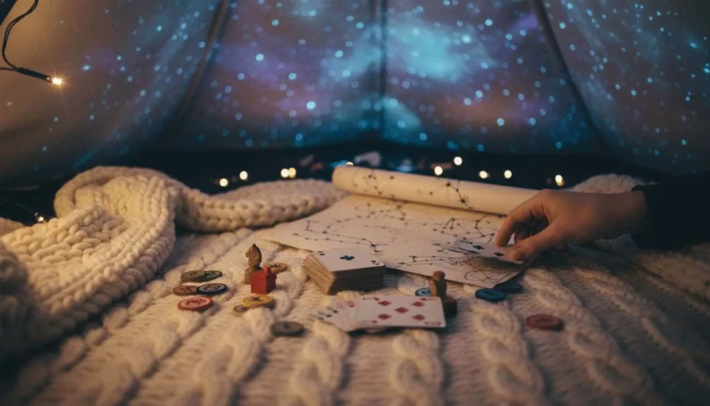 On a thick knit blanket, a deck of cards and a few board game pieces are scattered next to a hand-drawn constellation map.