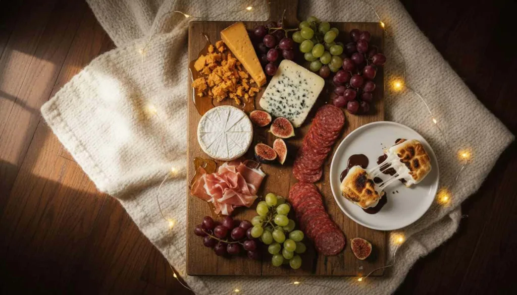 Charcuterie board with meat, cheese, grapes and smores
