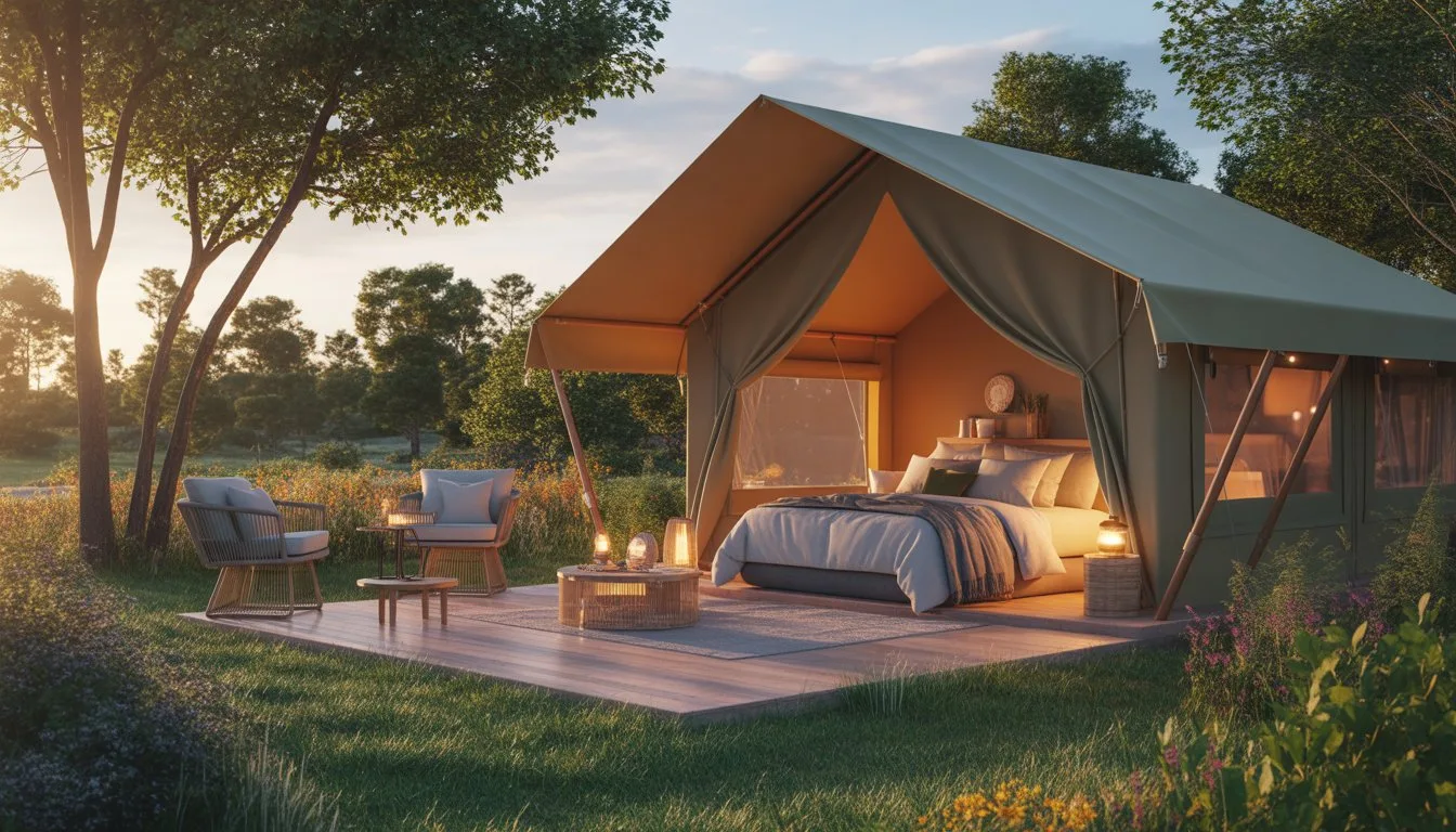 A luxury tent set up in a green forest clearing with outdoor furniture and warm lighting during sunset.