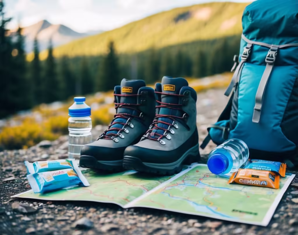 Hiking gear including a pair of boots, backpack, water bottles, granola bars and a paper map.