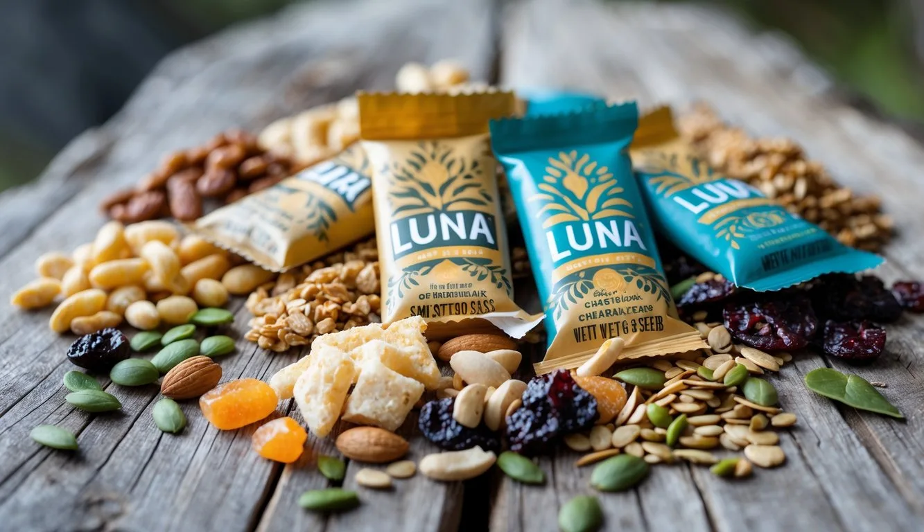 An assortment of vegan hiking snacks including Luna Bars, nuts, dried fruits, and granola arranged on a wooden surface.