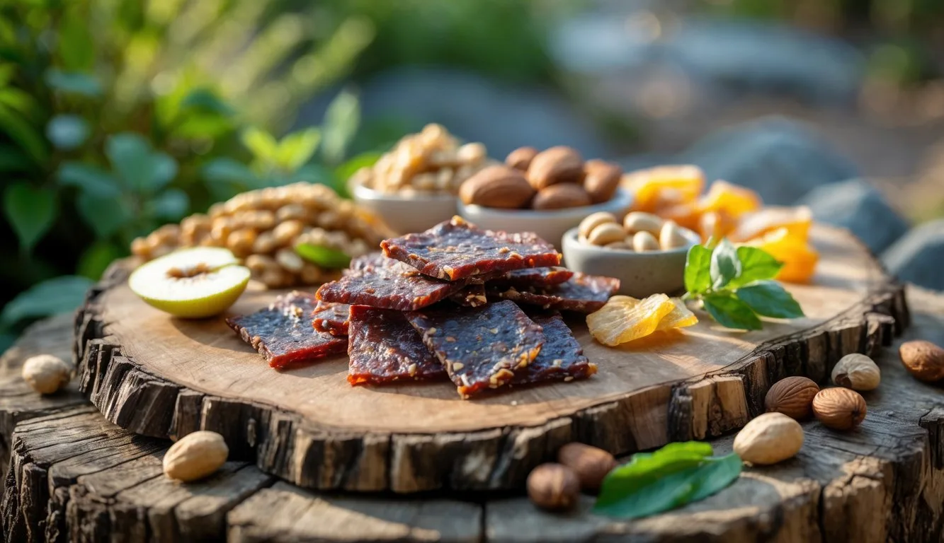 An assortment of vegan jerky and hiking snacks displayed outdoors on a wooden board with greenery in the background.