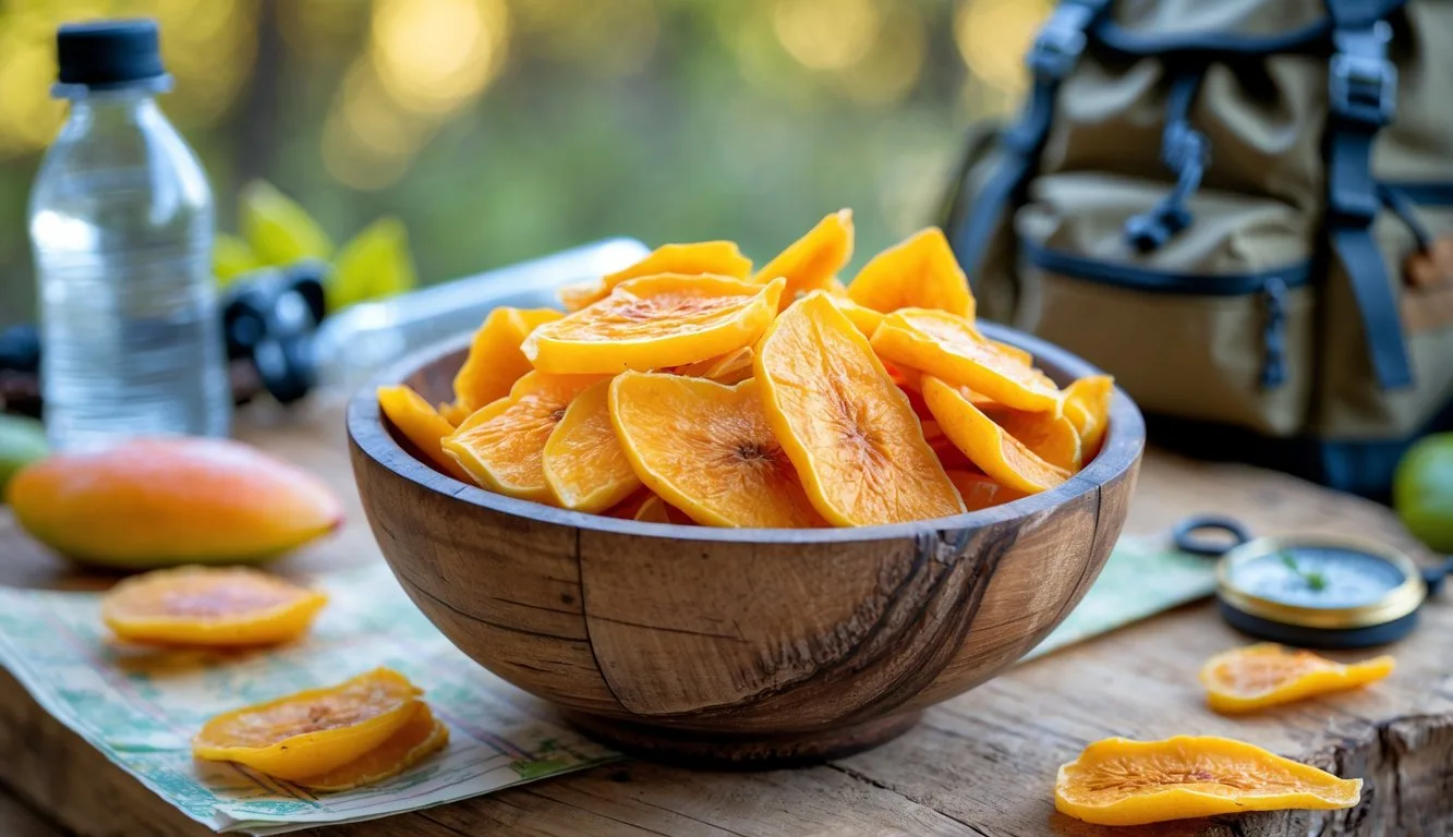 A wooden bowl filled with dried mango slices placed on a wooden surface with hiking gear in the background.
