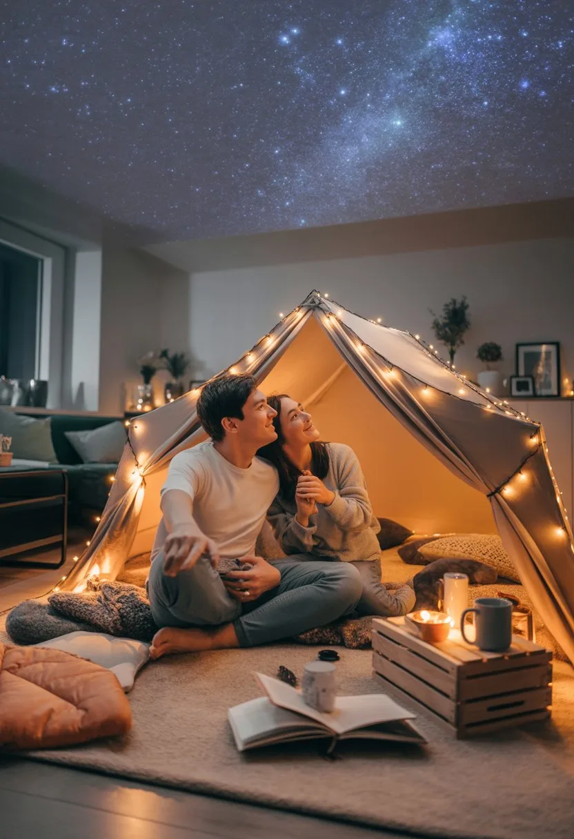 A couple sitting inside a cozy indoor tent decorated with fairy lights, looking up at a starry night sky projected on the ceiling.