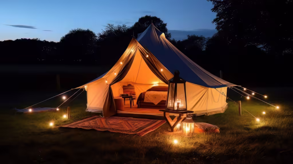 Glamping bell tent at night with string lights, a rut and vintage lanterns.