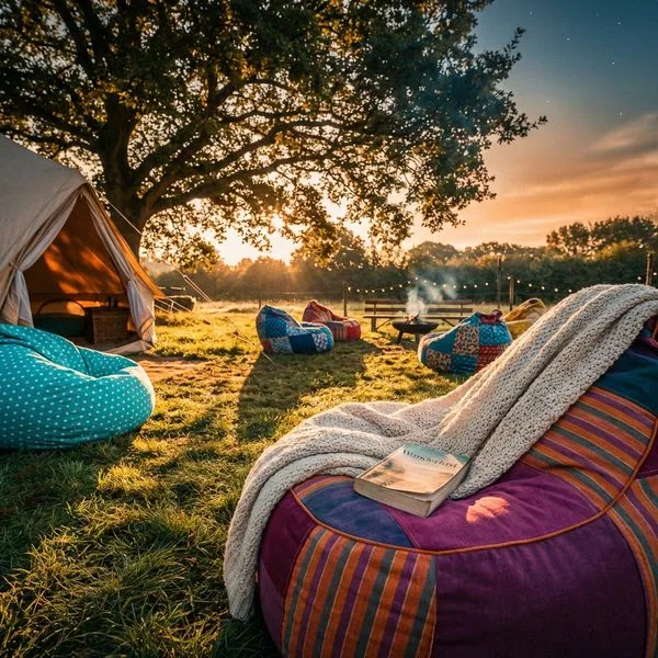 A vibrant glamping outdoor seating area featuring colorful outdoor bean bag chairs arranged in various inviting spots. 