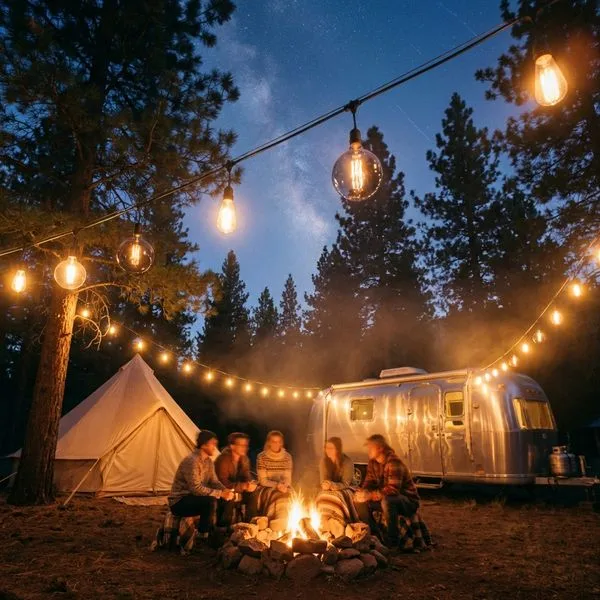 A magical glamping campsite bathed in the warm, vintage glow of Edison bulb string lights creating an enchanting oasis.