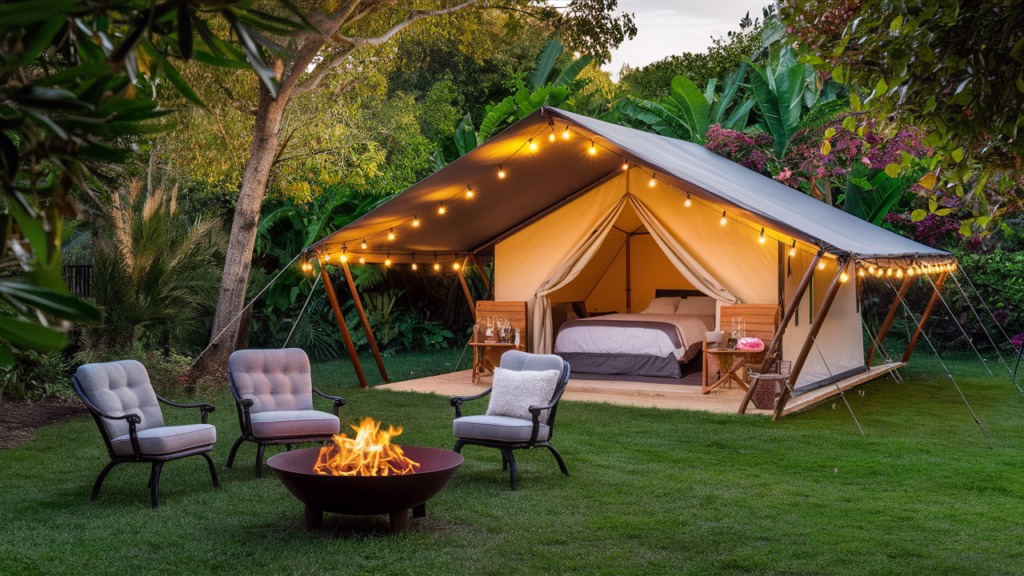 A cozy backyard glamping setup with a tent, string lights, a fire pit, and comfortable seating surrounded by nature.