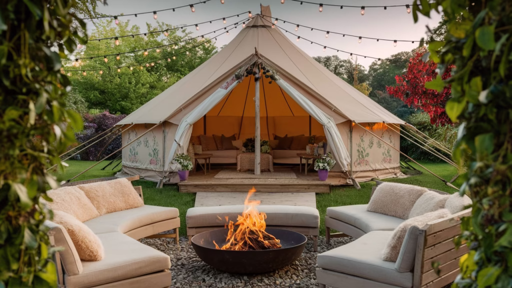 A cozy backyard glamping setup with a tent, string lights, a fire pit, and comfortable seating surrounded by nature.
