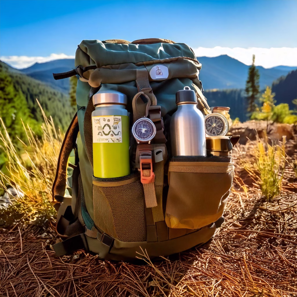 A hiking backpack filled with personalized water bottles, trail mix, a map, and a compass