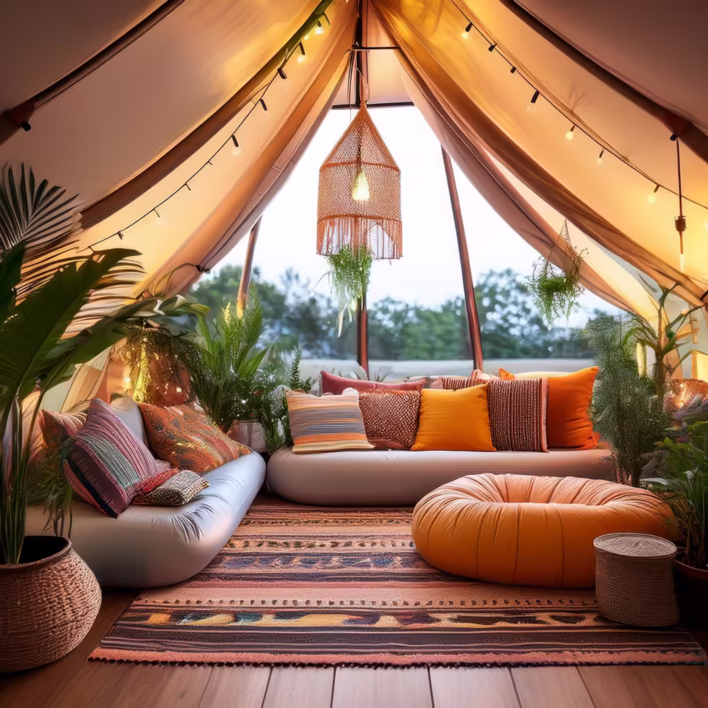 Firefly glamping bell tent with boho interior plants fairy lights inflatable furniture and colorf 2