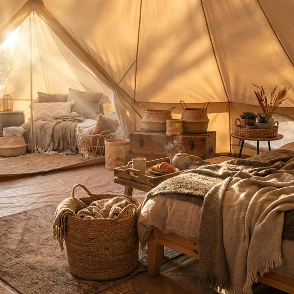 Glamping bell tent at night with string lights, a rut and vintage lanterns.