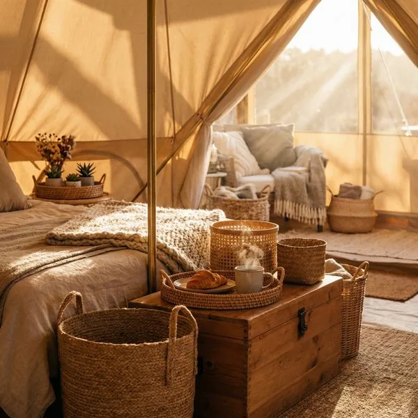 Glamping bell tent at night with string lights, a rut and vintage lanterns.