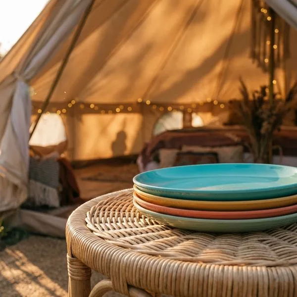 A stack of four colorful, melamine plates sits on a rustic, wicker rattan dining table inside of a glamping tent.