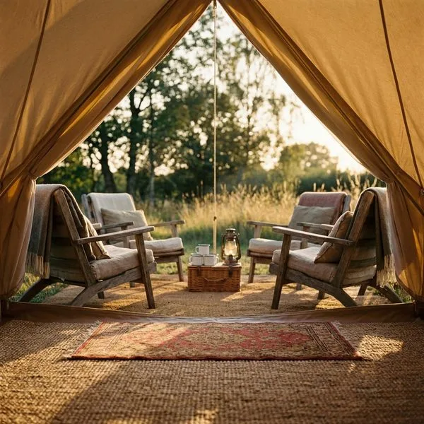 Glamping bell tent at night with string lights, a rut and vintage lanterns.