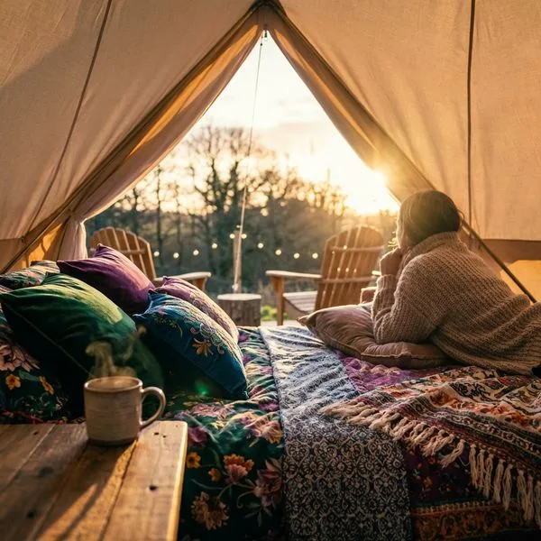 A vibrant glamping tent interior bursting with colorful, playful pillows creating a cozy, inviting atmosphere. 