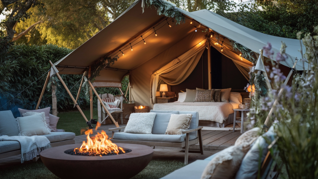 A cozy backyard glamping setup with a tent, string lights, a fire pit, and comfortable seating surrounded by nature.