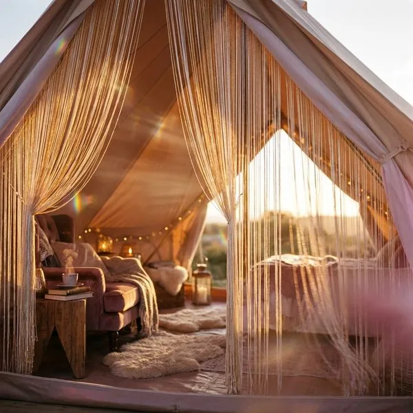 Glamping bell tent at night with string lights, a rut and vintage lanterns.