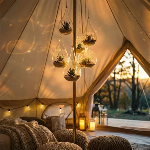 A dreamy glamping tent interior featuring multiple hanging glass terrariums with succulents suspended from tent poles and tree branches, creating floating gardens throughout the space. 