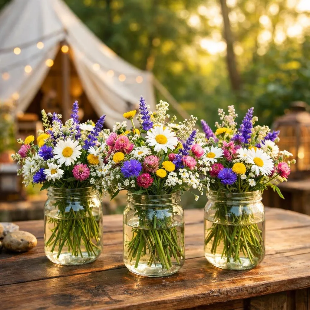 Fresh wildflower bouquets in mason jars placed on a wooden table outdoors with greenery and soft sunlight in the background.
