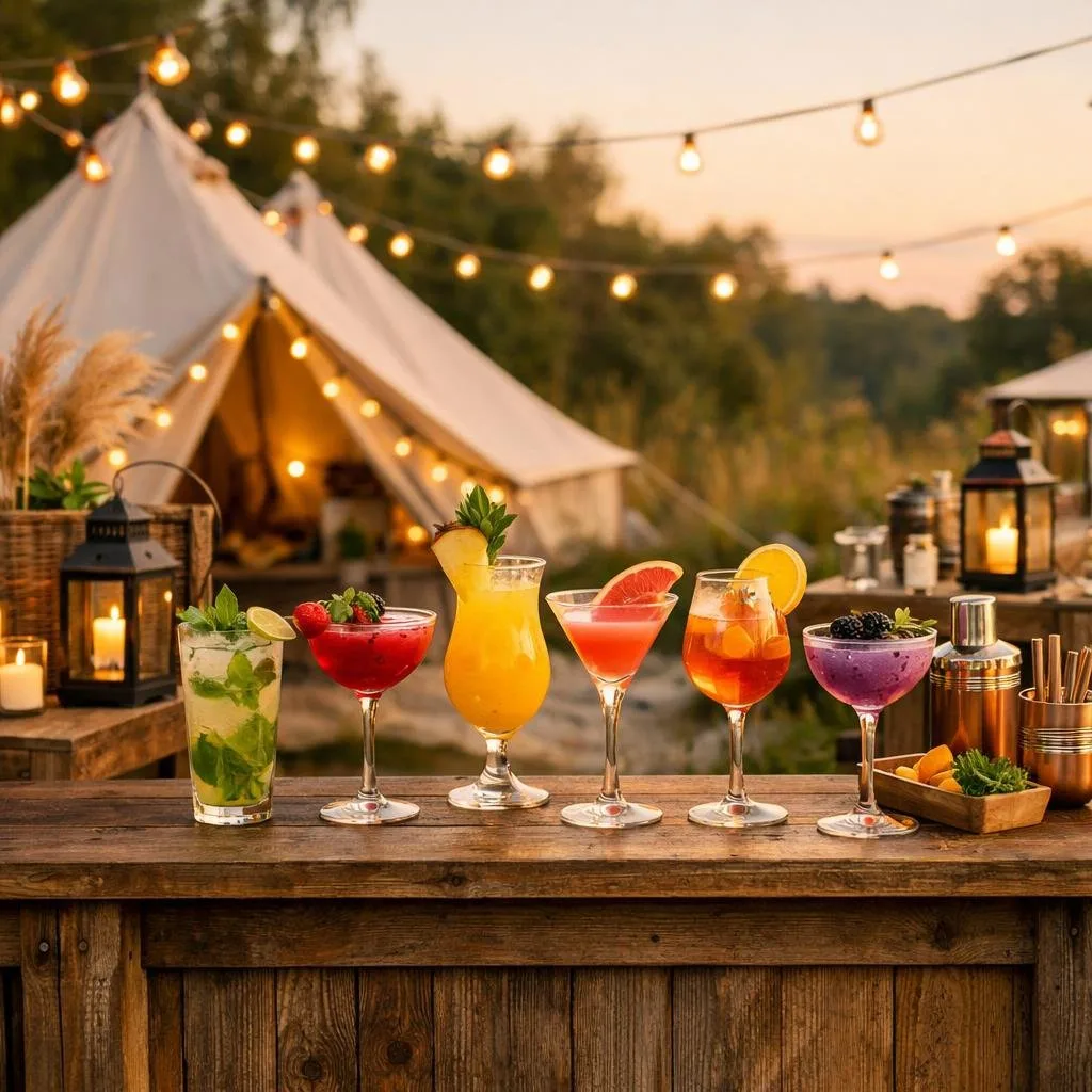Outdoor wooden bar with colorful cocktails and cozy tents in a natural setting during sunset.